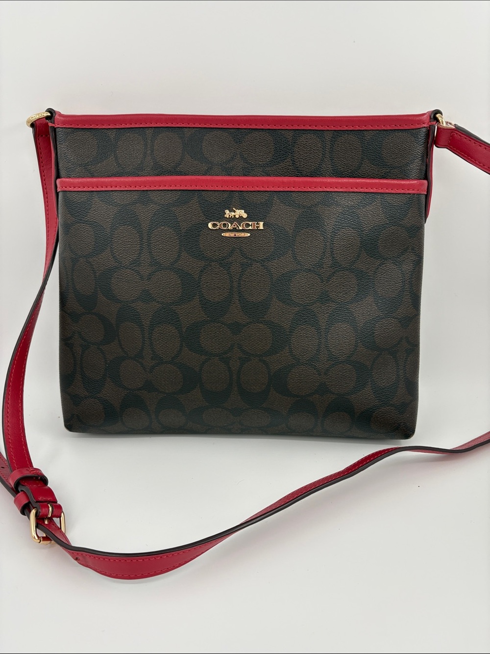 Coach Brown Signature Crossbody with Red Trim